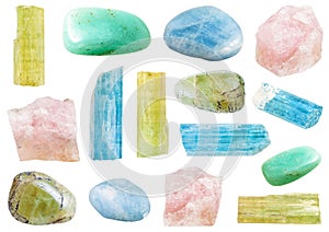 Various beryl mineral crystals and gemstones
