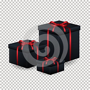 Various Black Gift Box with red ribbon and bow, over Transparent background Vector Illustration.