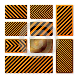 Various black and orange warning signs with diagonal lines. Attention, danger or caution sign, construction site signage