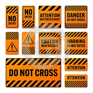 Various black and orange warning signs with diagonal lines. Attention, danger or caution sign, construction site signage