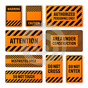 Various black and orange warning signs with diagonal lines. Attention, danger or caution sign, construction site signage