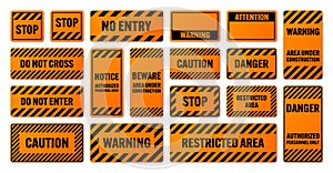 Various black and orange warning signs with diagonal lines. Attention, danger or caution sign, construction site signage