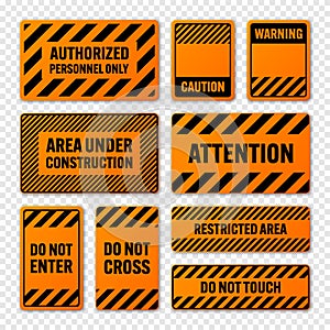 Various black and orange warning signs with diagonal lines. Attention, danger or caution sign, construction site signage