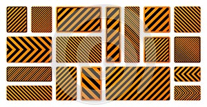 Various black and orange warning signs with diagonal lines. Attention, danger or caution sign, construction site signage