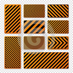 Various black and orange warning signs with diagonal lines. Attention, danger or caution sign, construction site signage