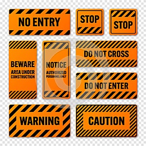 Various black and orange warning signs with diagonal lines. Attention, danger or caution sign, construction site signage