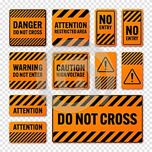 Various black and orange warning signs with diagonal lines. Attention, danger or caution sign, construction site signage