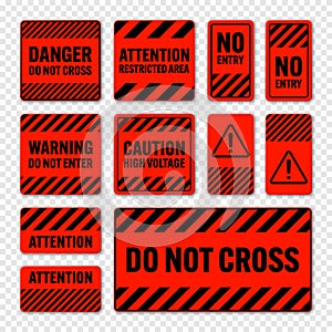 Various black and red warning signs with diagonal lines. Attention, danger or caution sign, construction site signage