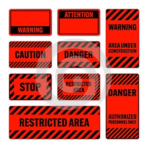 Various black and red warning signs with diagonal lines. Attention, danger or caution sign, construction site signage