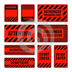 Various black and red warning signs with diagonal lines. Attention, danger or caution sign, construction site signage
