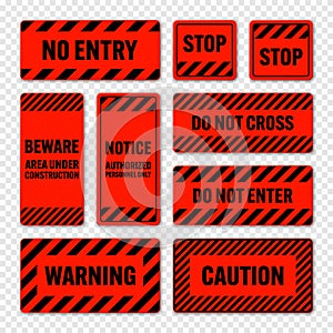 Various black and red warning signs with diagonal lines. Attention, danger or caution sign, construction site signage