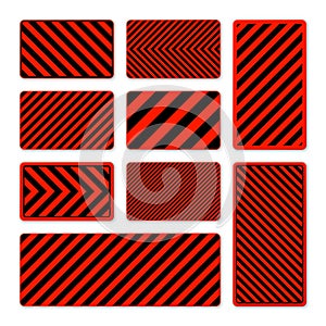 Various black and red warning signs with diagonal lines. Attention, danger or caution sign, construction site signage