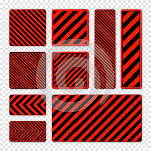 Various black and red warning signs with diagonal lines. Attention, danger or caution sign, construction site signage