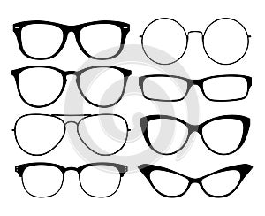 Various black silhouete glasses. Eyeglasses frames set. photo