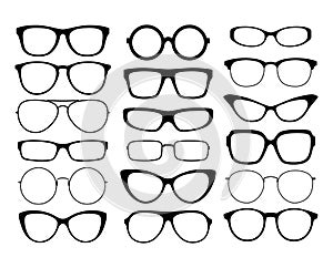 Various black silhouette glasses. Sunglasses frames.