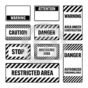 Various black warning signs with diagonal lines. Attention, danger or caution sign, construction site signage. Realistic