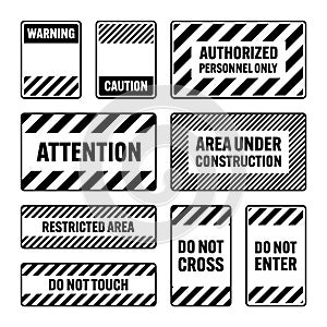 Various black warning signs with diagonal lines. Attention, danger or caution sign, construction site signage. Realistic