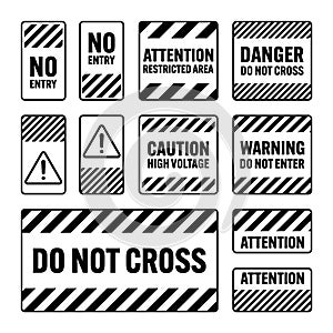 Various black warning signs with diagonal lines. Attention, danger or caution sign, construction site signage. Realistic