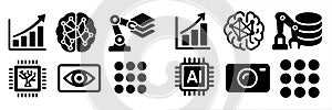 Various black and white icons representing data analysis, artificial intelligence, and robotics in technology