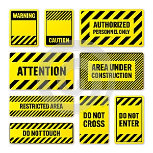 Various black and yellow warning signs with diagonal lines. Attention, danger or caution sign, construction site signage