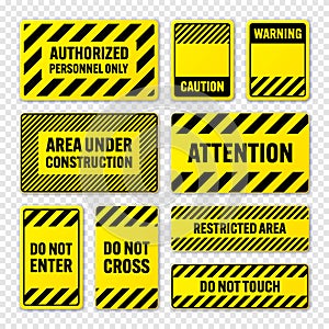 Various black and yellow warning signs with diagonal lines. Attention, danger or caution sign, construction site signage