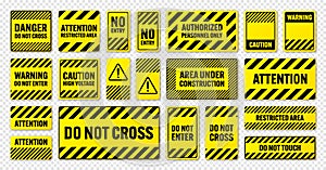 Various black and yellow warning signs with diagonal lines. Attention, danger or caution sign, construction site signage