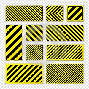 Various black and yellow warning signs with diagonal lines. Attention, danger or caution sign, construction site signage