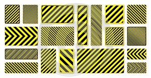 Various black and yellow warning signs with diagonal lines. Attention, danger or caution sign, construction site signage