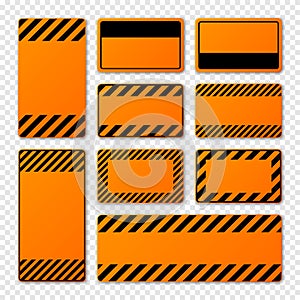 Various blank orange warning signs with diagonal lines. Attention, danger or caution sign, construction site signage