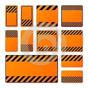 Various blank orange warning signs with diagonal lines. Attention, danger or caution sign, construction site signage