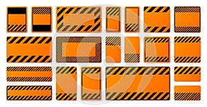 Various blank orange warning signs with diagonal lines. Attention, danger or caution sign, construction site signage