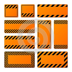 Various blank orange warning signs with diagonal lines. Attention, danger or caution sign, construction site signage