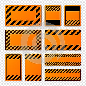 Various blank orange warning signs with diagonal lines. Attention, danger or caution sign, construction site signage