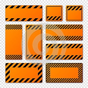 Various blank orange warning signs with diagonal lines. Attention, danger or caution sign, construction site signage