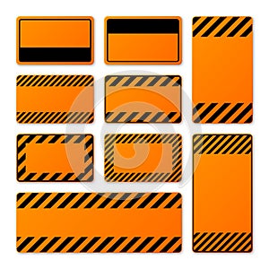 Various blank orange warning signs with diagonal lines. Attention, danger or caution sign, construction site signage