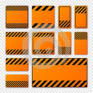 Various blank orange warning signs with diagonal lines. Attention, danger or caution sign, construction site signage