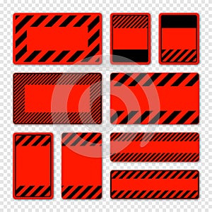 Various blank red warning signs with diagonal lines. Attention, danger or caution sign, construction site signage