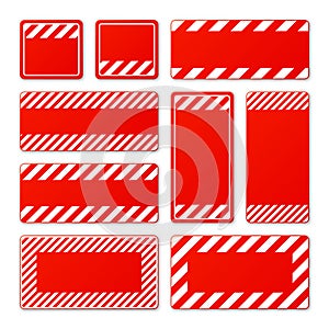 Various blank red warning signs with diagonal lines. Attention, danger or caution sign, construction site signage