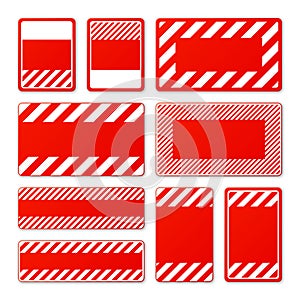 Various blank red warning signs with diagonal lines. Attention, danger or caution sign, construction site signage
