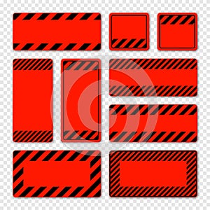 Various blank red warning signs with diagonal lines. Attention, danger or caution sign, construction site signage