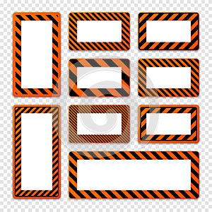 Various blank warning signs with diagonal lines. Orange attention, danger or caution sign, construction site signage