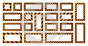 Various blank warning signs with diagonal lines. Orange attention, danger or caution sign, construction site signage