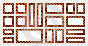 Various blank warning signs with diagonal lines. Orange attention, danger or caution sign, construction site signage