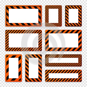 Various blank warning signs with diagonal lines. Orange attention, danger or caution sign, construction site signage