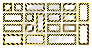 Various blank warning signs with diagonal lines. Red attention, danger or caution sign, construction site signage