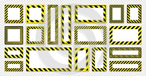 Various blank warning signs with diagonal lines. Red attention, danger or caution sign, construction site signage