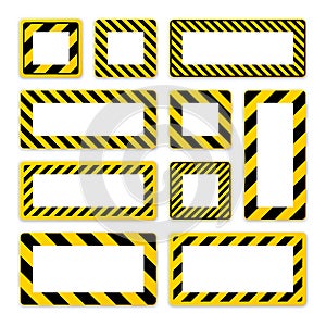 Various blank warning signs with diagonal lines. Red attention, danger or caution sign, construction site signage