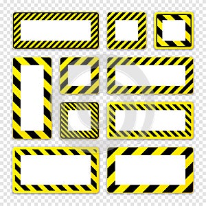 Various blank warning signs with diagonal lines. Red attention, danger or caution sign, construction site signage