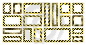 Various blank warning signs with diagonal lines. Red attention, danger or caution sign, construction site signage