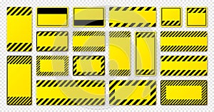 Various blank yellow warning signs with diagonal lines. Attention, danger or caution sign, construction site signage